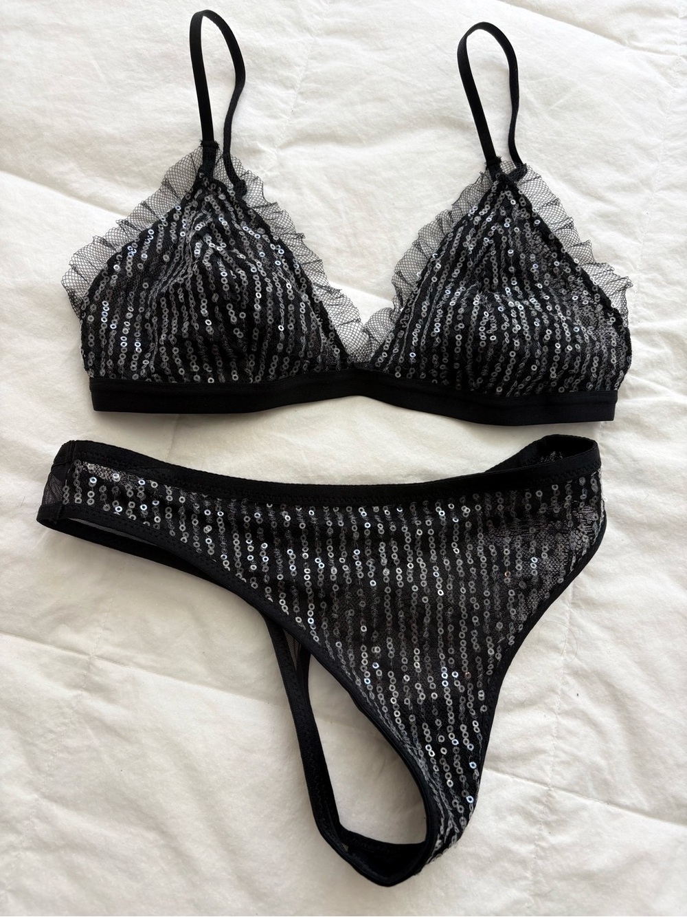 Sequin Lace Bralette & Thong Underwear Black Size XXS